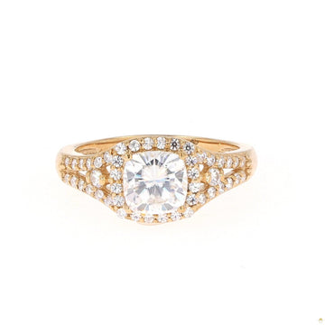 2.20 CTW   Cushion Near-Colorless Moissanite Accented Halo Engagement Ring in 14K Yellow Gold
