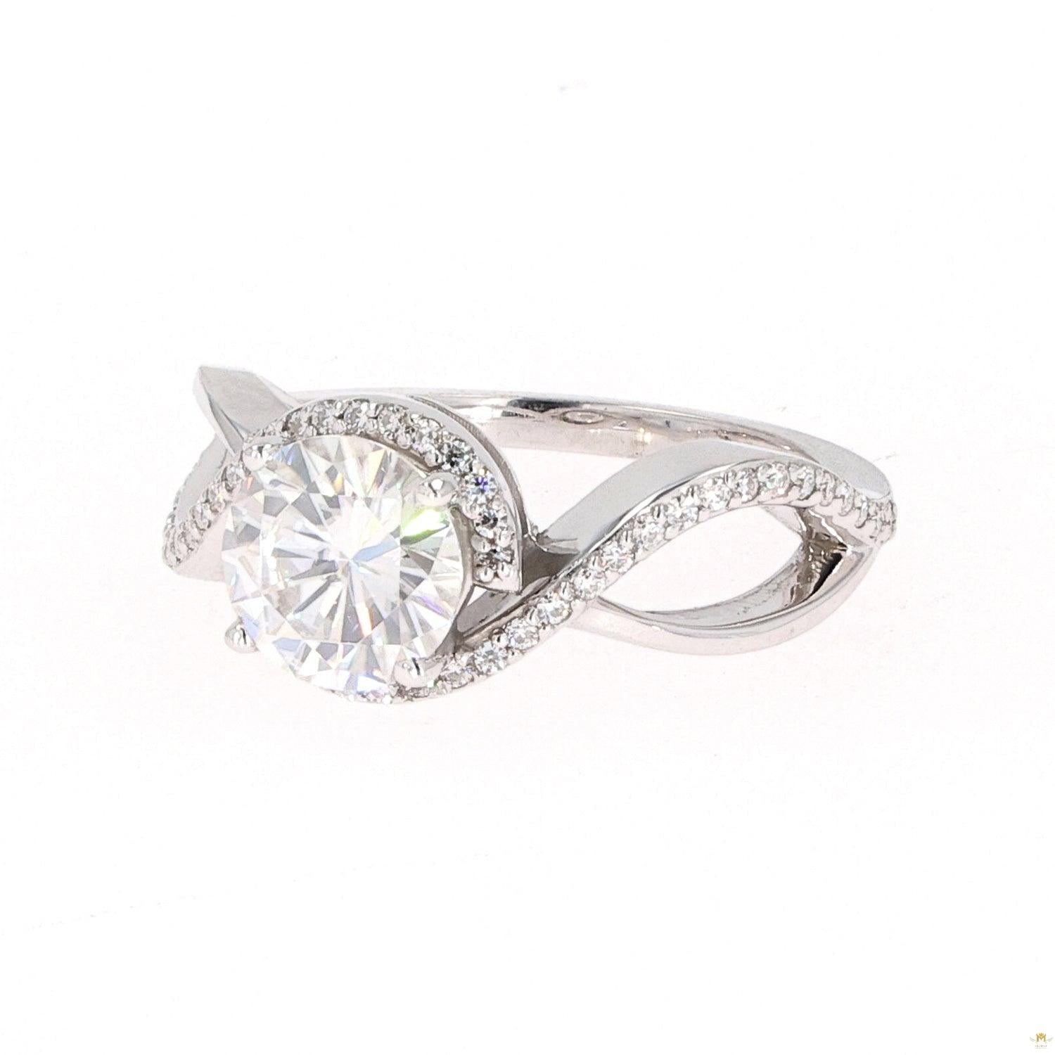 1.75 CTW   Round Near-Colorless Moissanite Twist Solitaire With Accents Engagement Ring in 14K White Gold