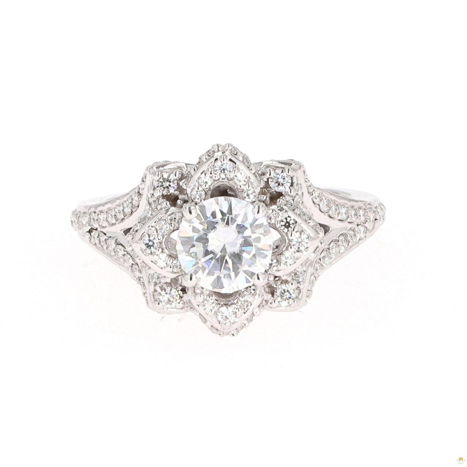 1.70 CTW   Round Near-Colorless Moissanite Flower Solitaire Ring in 14K White Gold