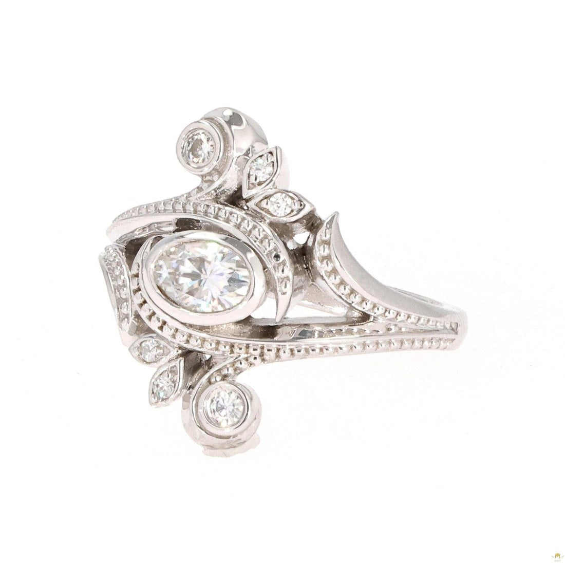 0.60 CTW   Oval Near-Colorless Moissanite Bezel Floral Statement Ring in 14K White Gold
