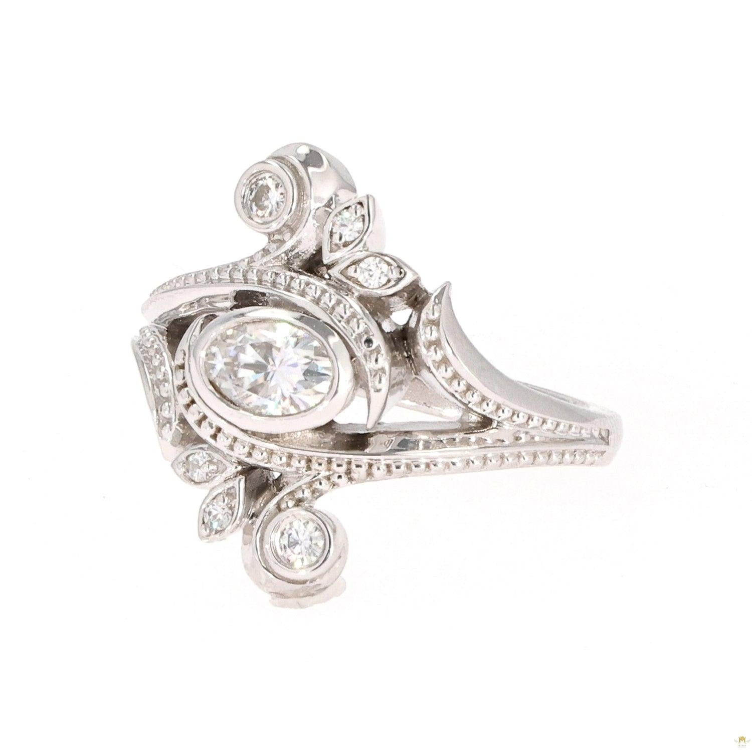 0.60 CTW   Oval Near-Colorless Moissanite Bezel Floral Statement Ring in 14K White Gold