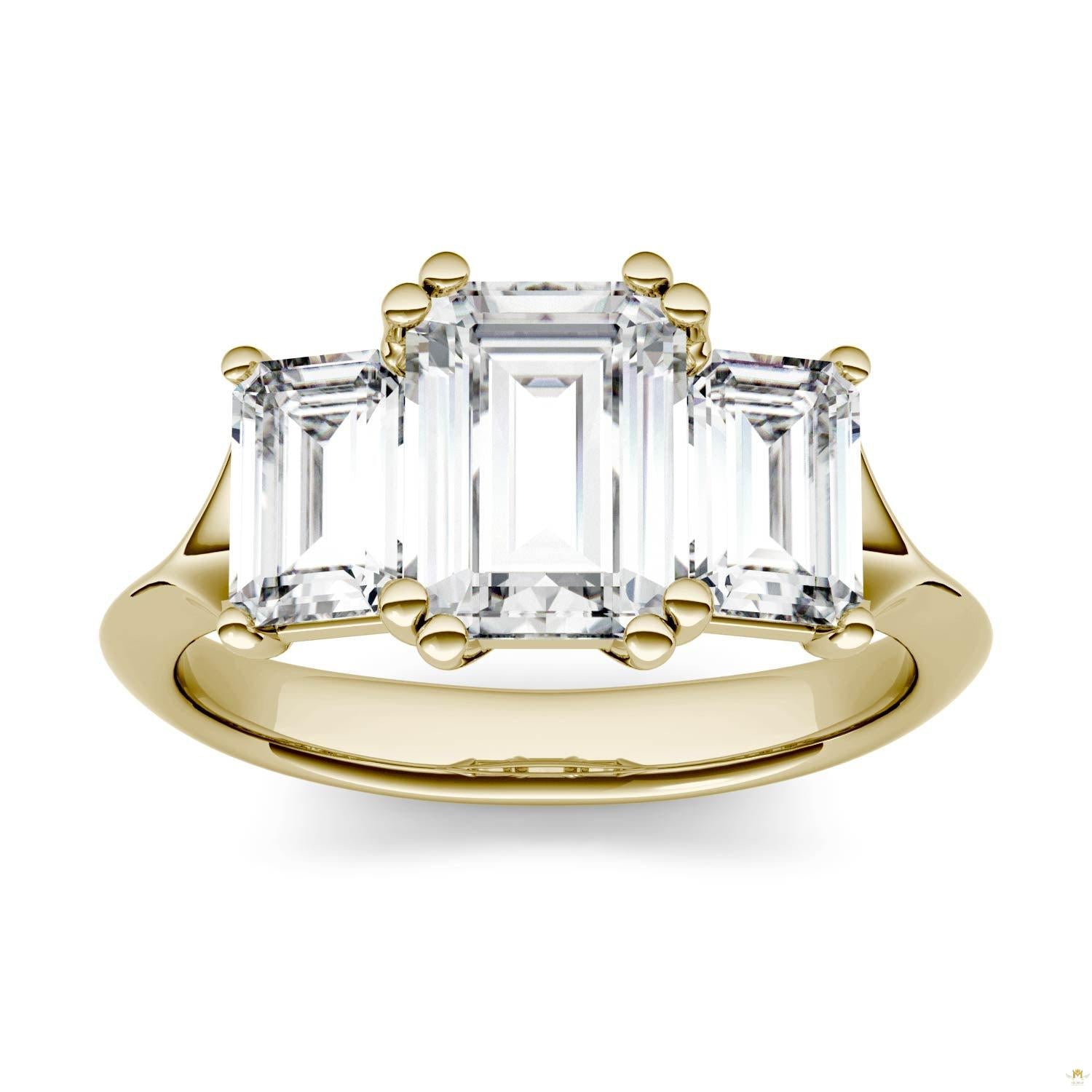 2.91 CTW   Emerald Moissanite Three Stone Ring in 14K Yellow Gold