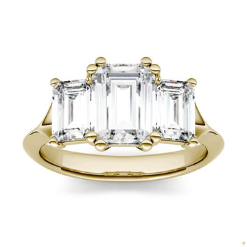 2.91 CTW   Emerald Moissanite Three Stone Ring in 14K Yellow Gold