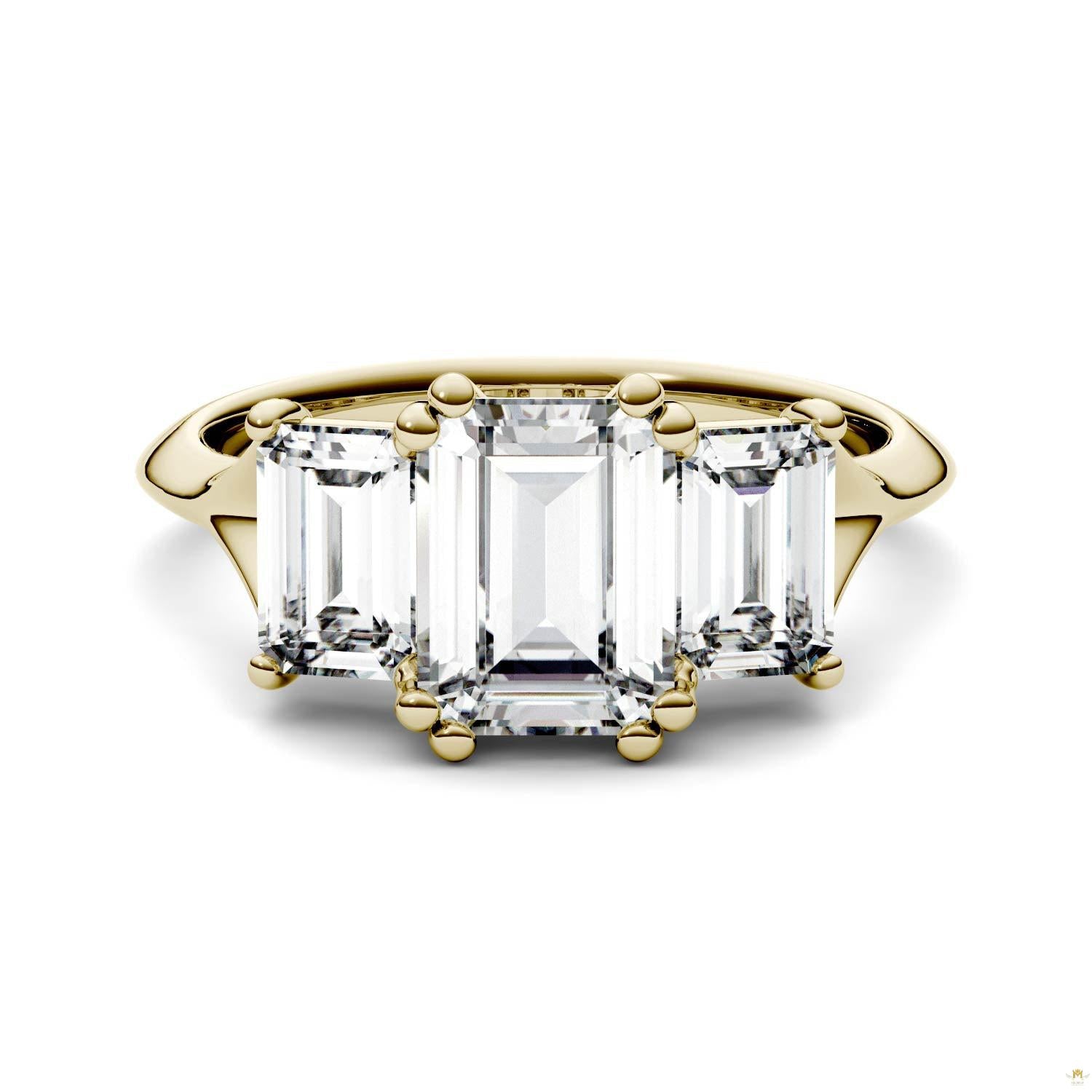 2.91 CTW   Emerald Moissanite Three Stone Ring in 14K Yellow Gold