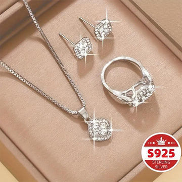 4pcs Elegant S925 Silver Pendant Necklace + Earrings + Ring