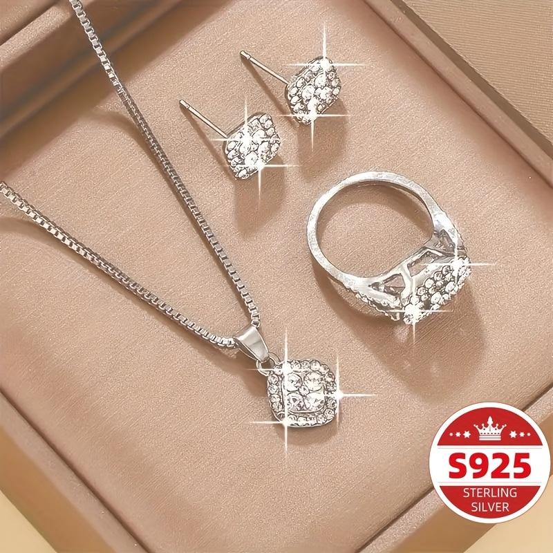 4pcs Elegant S925 Silver Pendant Necklace + Earrings + Ring